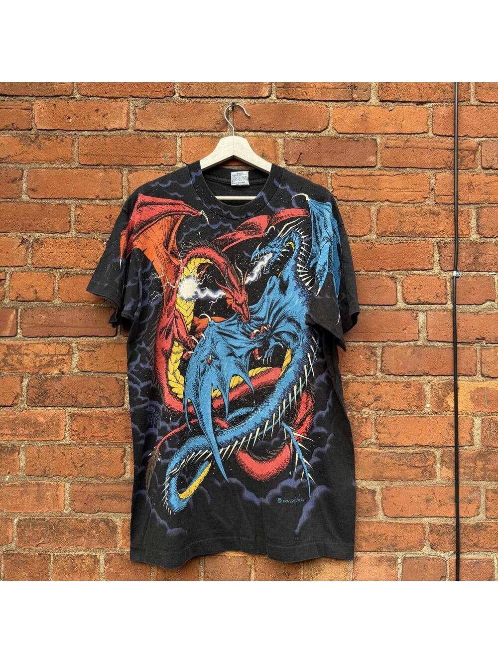 Vintage liquid dueling dragons all over print t shirt 1994